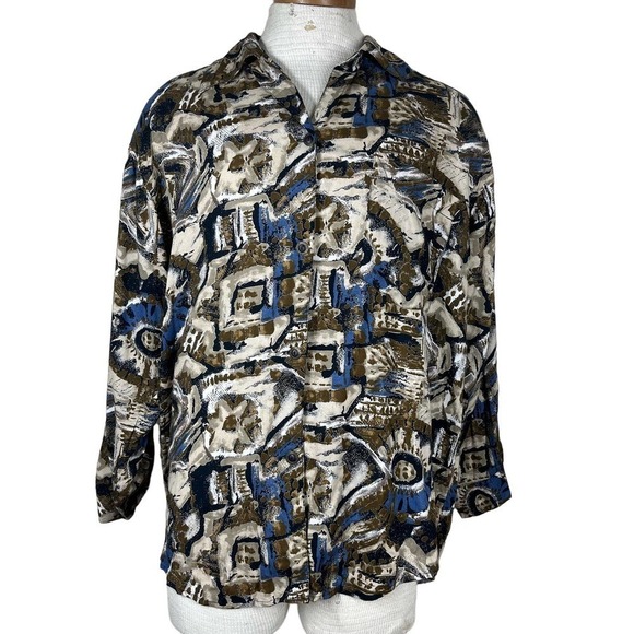 Vintage 80’s Paul at Duffier Button Down Shirt Abstract Print Brown Blue Medium - Picture 1 of 12